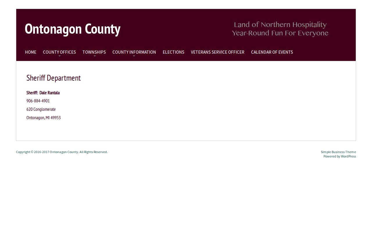 Ontonagon County Sheriff contact page for recent arrest and jail record questions