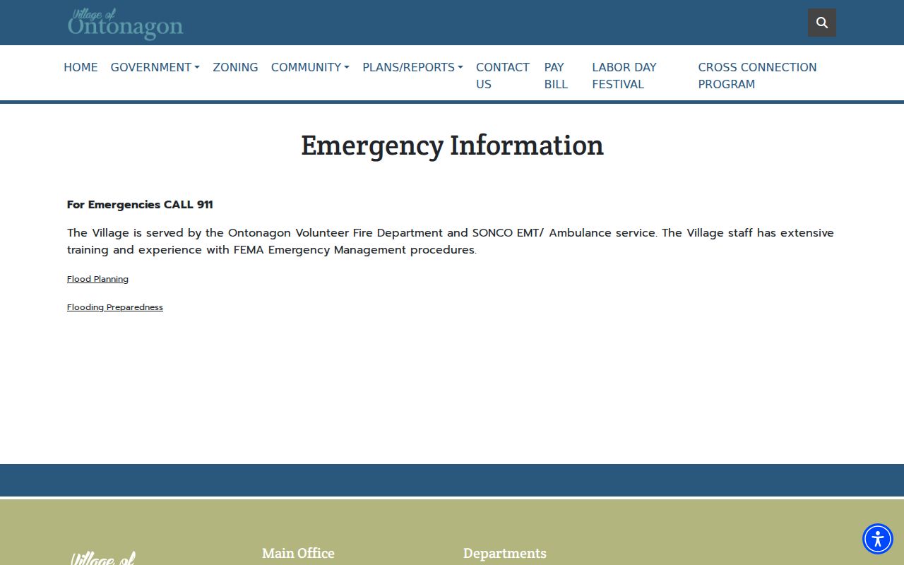Village of Ontonagon emergency information page with public safety contact directions