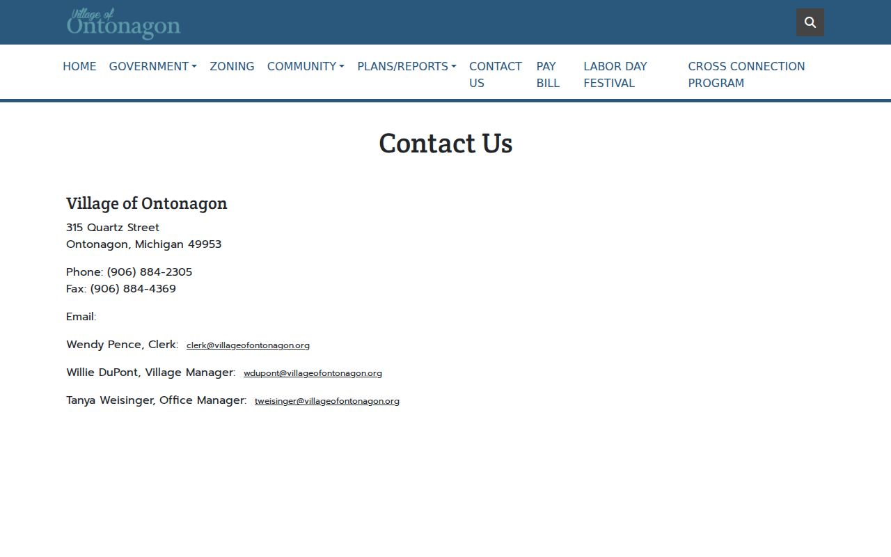 Official Village of Ontonagon contact page showing municipal office information