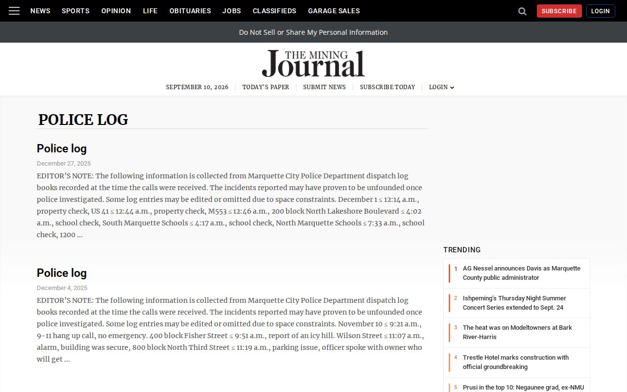Mining Journal regional police log used for Ontonagon County arrest news context
