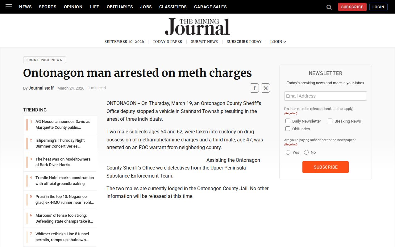 Mining Journal report about an Ontonagon County arrest and jail lodging